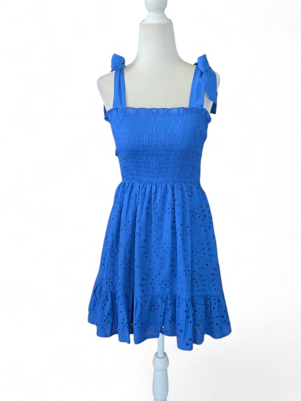 Fransescas Blue Tie-Shoulder Smocked Woman's Mini Eylette Dress